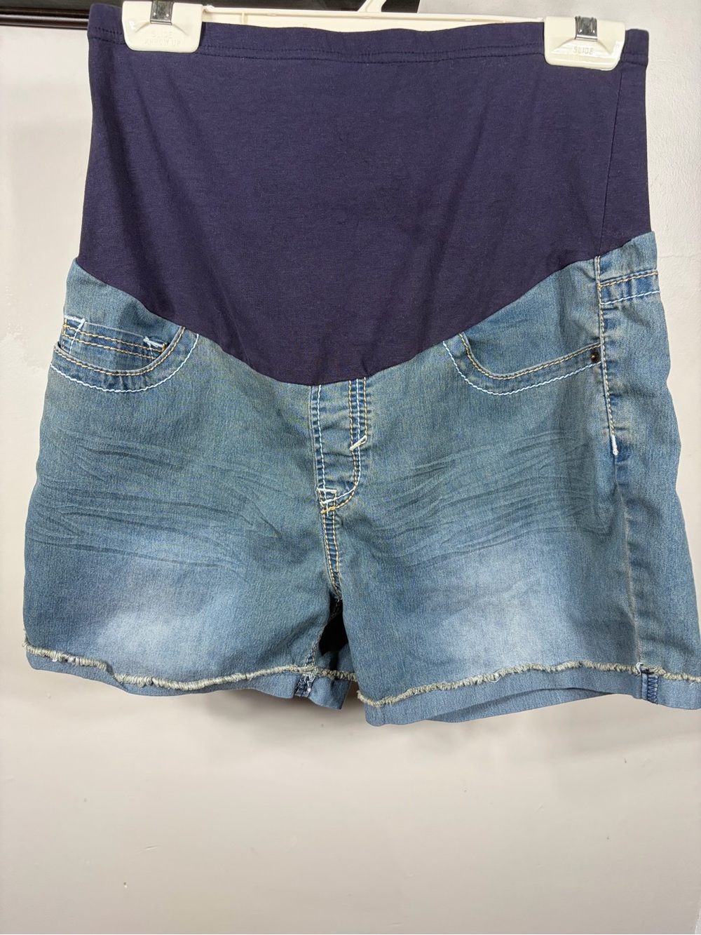 Oh! Mamma Light Wash Denim Maternity Shorts with Navy Over-Belly Panel